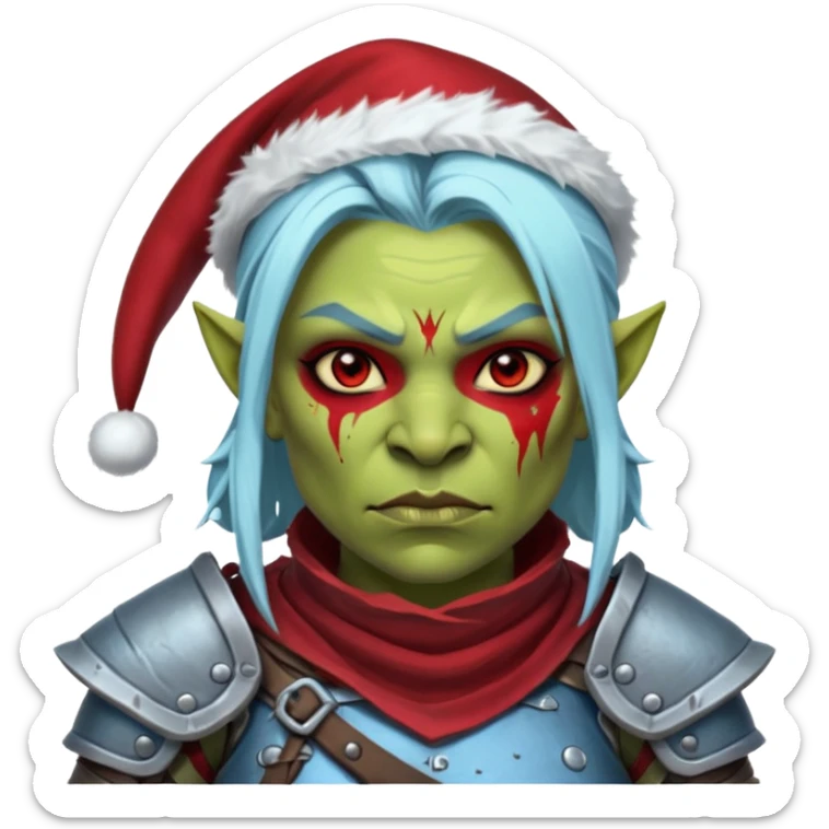 Fantasy Christmas orc legion soldier icon, iron tundra army theme, heavy winter armor, disciplined brutal look, dark icy steel armor with bold crimson cloth and markings, cold blue shadows, high contrast, clean emoji portrait style, female variant sticker