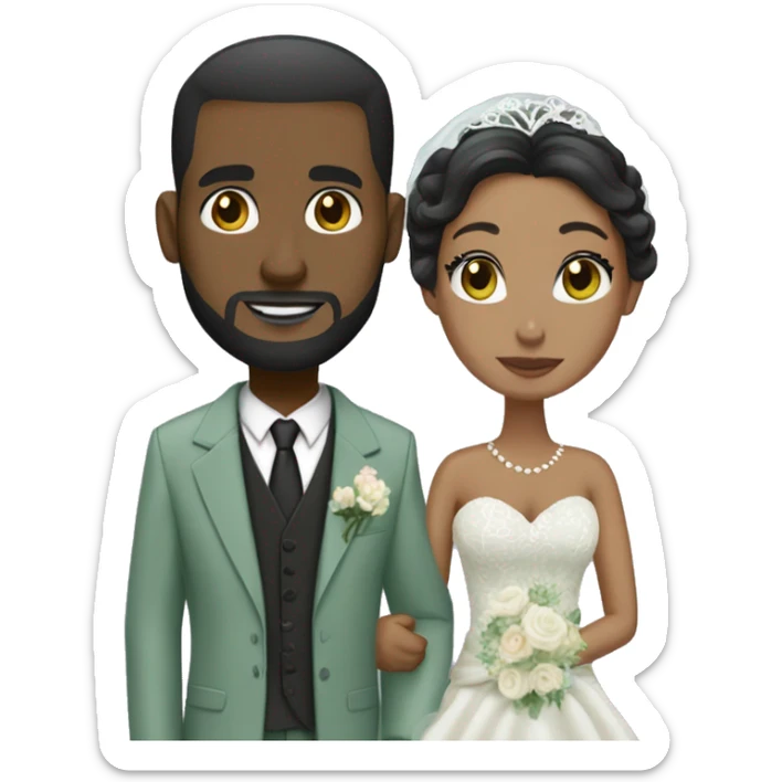 Black Wedding couple. Bride has black hair updo. She wears mermaid lace dress. She has dark brown eyes. Groom has sage green suit and sage green vest. He is bald head. He has full beard. He has dark brown eyes too. sticker