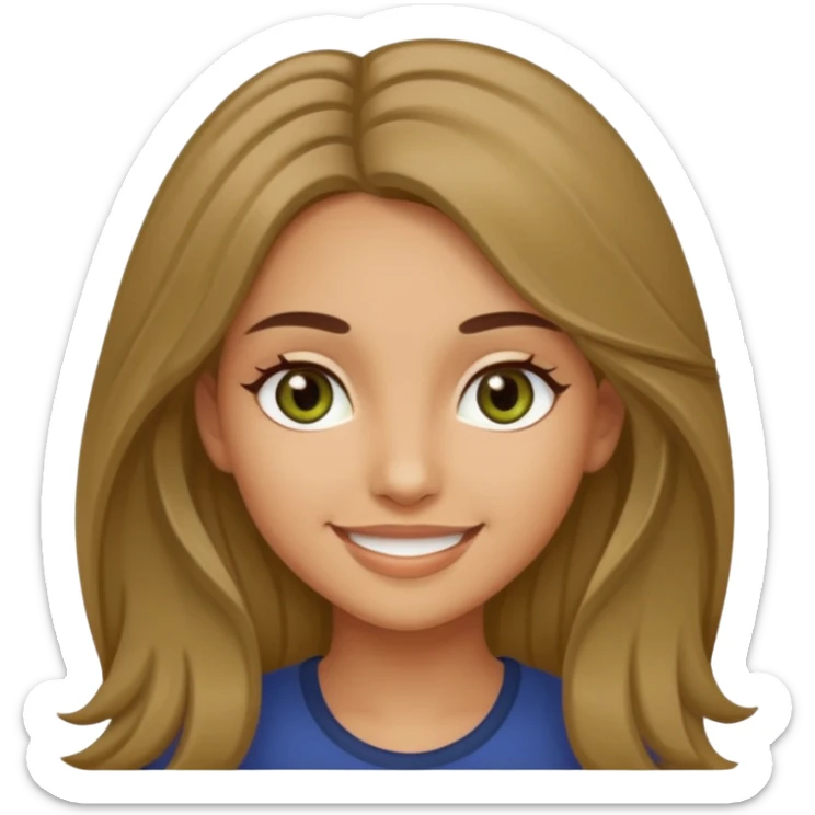 create a girl with dark blond long hair, olive colour eyes, beautiful smile and white skin sticker