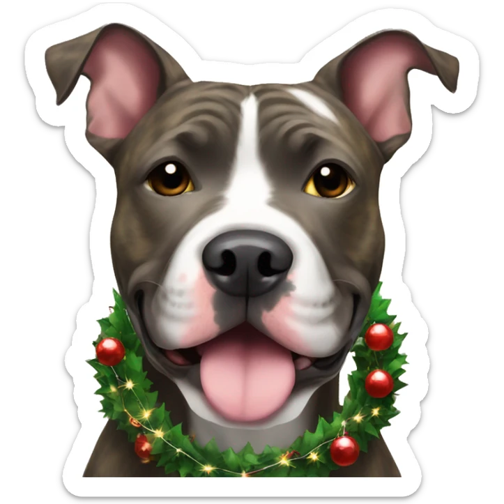 All brindle pittie wearing a Christmas wreath and Christmas lights around neck sticker