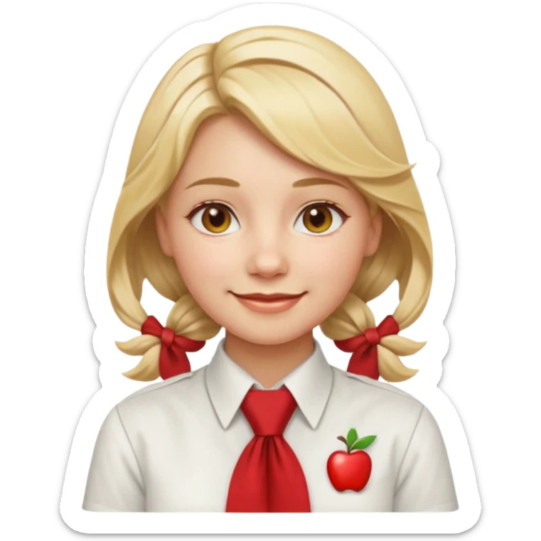 A Soviet pioneer girl emoji — smiling young girl wearing a white shirt and a bright red pioneer necktie tied in a loose triangle knot with wide ends (not a formal tie). No hat or headwear. Blonde hair, friendly face, flat minimal emoji style, Apple emoji aesthetic, clean outlines and soft shading. sticker