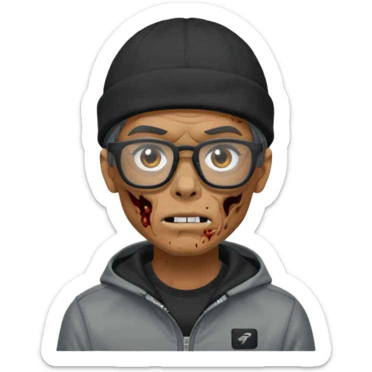 Hazme un zombie con gafas cuadradas y el marco negro y un gorro negro y un saco Nike tech gris y haz el personaje moreno  sticker