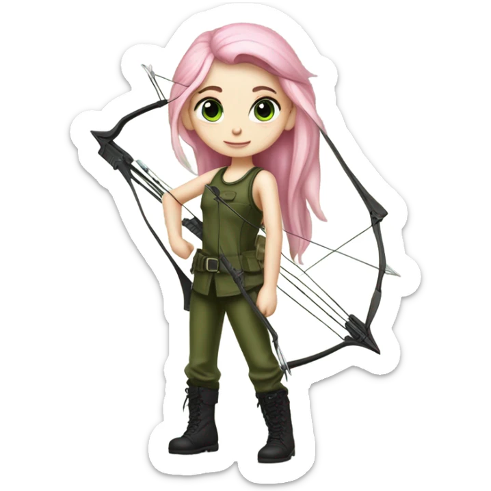 girl armed with bow and arrow, long pink hair, blue eyes, white skin, army green cargo pants, black tank top, black combat boots, elf ears sticker