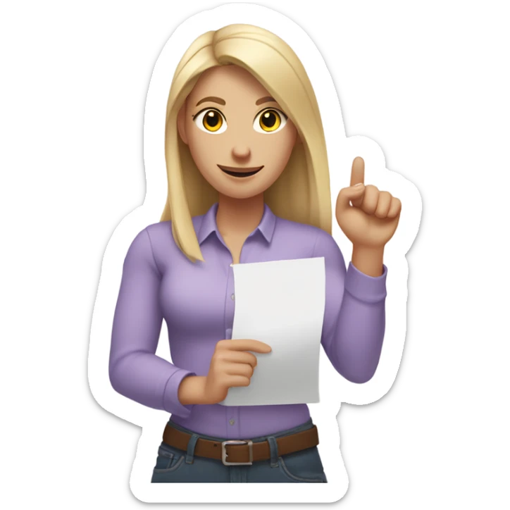 White woman with long blonde hair, wearing a light purple shirt, showing off a completed to do list in one hand, and flexing her other arm sticker