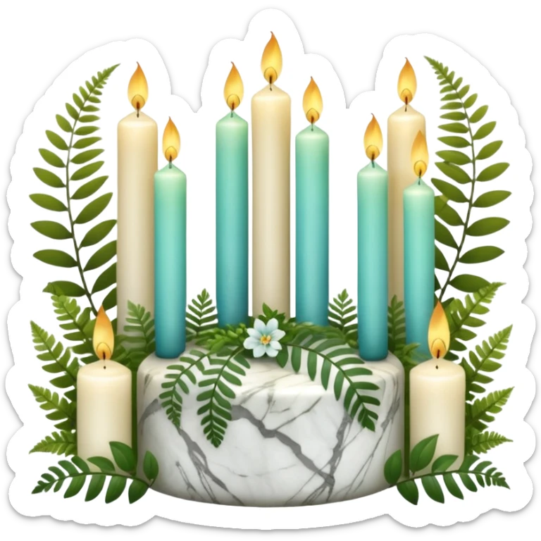 Aesthetic scenic beautiful gorgeous holy divine spiritual pretty elegant sparkly shiny scene of Candles, flowers, marble stone, lush vines, ferns, scenic aesthetic scenery sticker