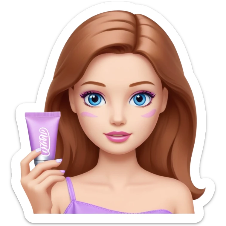 Barbie girl Chestnut Shoulder-length hair and blue eyes is In pale purple smears by hand cosmetic cream on her face sticker