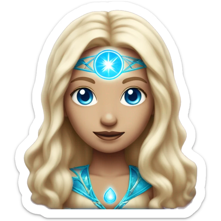 magical diva with thin pink andromedan face long blonde hair and blue eyes glowing third eye sticker
