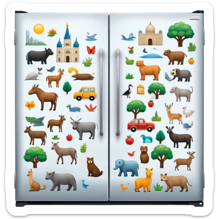 Icon for Magnet Collecting: a close-up of a fridge door covered with a variety of magnets, featuring cities, animals, symbols. The icon should highlight the diversity and charm of magnet collections. Transparent background. sticker