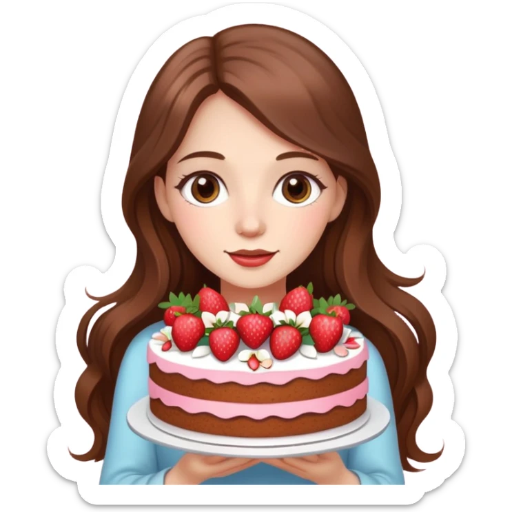 A beautiful girl with long brown hair and flowers holding a strawberry cake sticker