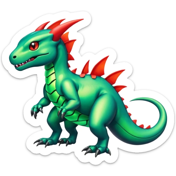 Cute Shiny neon-green iridescent Guilmon-Salandit-Fakémon-hybrid-creature (full body)  sticker