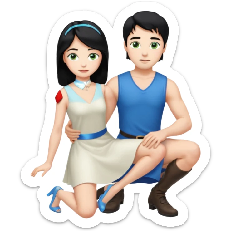 prince, upright, black Hair, blue eyes, Woman, blonde Hair, Green eyes, bending knee, sleveless White Dress, sticker