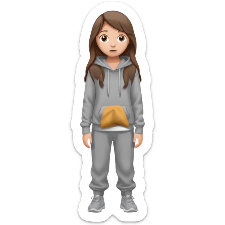 Chica grande  asustada de cuerpo completo mirado a la izquierda con pelo castaño largo  pantalones baggy  grises y hoodie gris  sticker