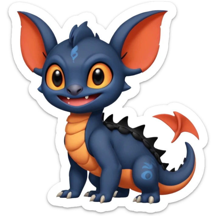 Cute adorable Stitch-Litten-Salandit-Noibat-Toothless-fusion, full body sticker
