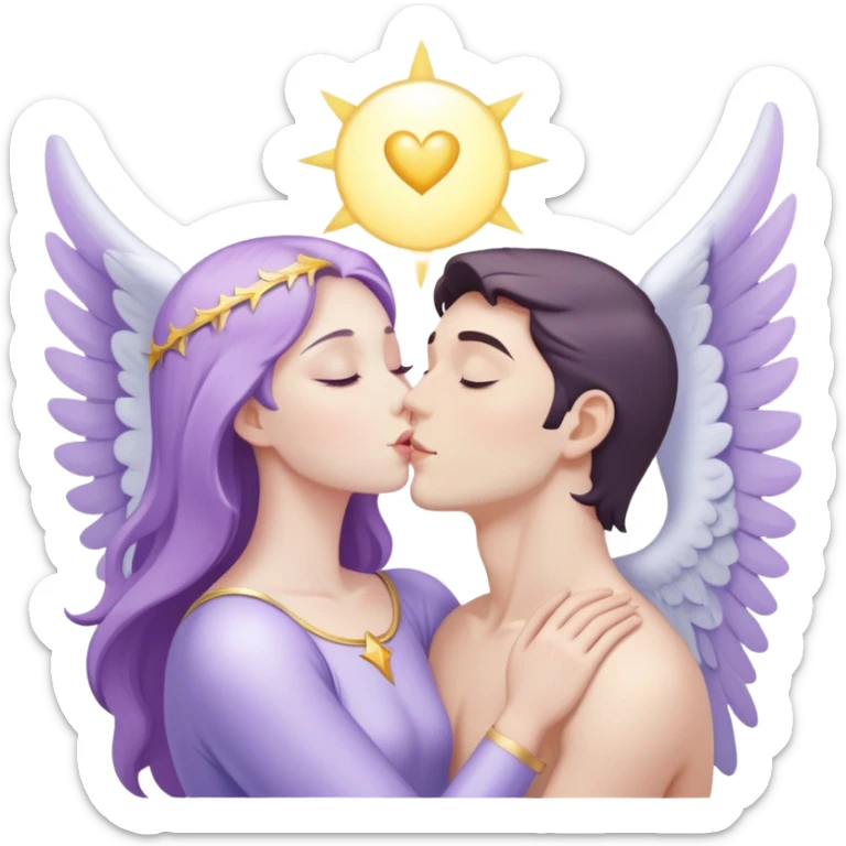 a pastel purple angel woman kisses White brunette man human rays of light sticker