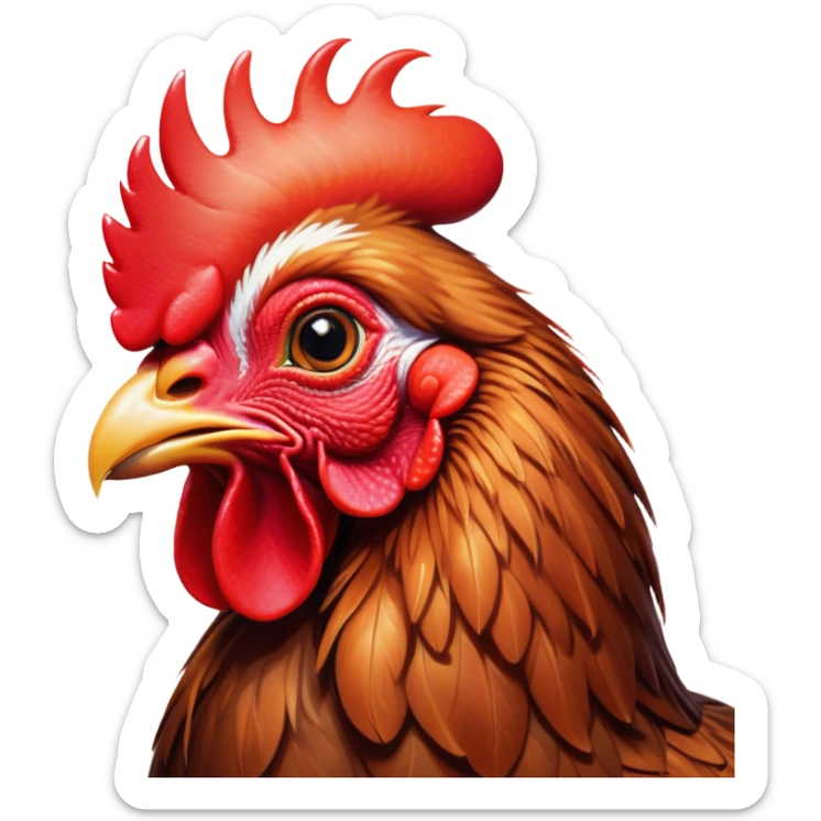 Cinematic Cute Brown Rooster Portrait Emoji, Head tilted playfully and inquisitively, featuring a glossy, immaculate brown plumage with a vibrant red comb, round, sparkling warm eyes filled with curiosity, Simplified yet irresistibly adorable features, highly detailed, glowing with a warm, friendly glow, high shine, affectionate and spirited, stylized with a touch of farmyard whimsy, bright and endearing, soft glowing outline, capturing the essence of a mischievous yet loving rooster, so playful it feels like it could strut out of the screen and into your arms! sticker