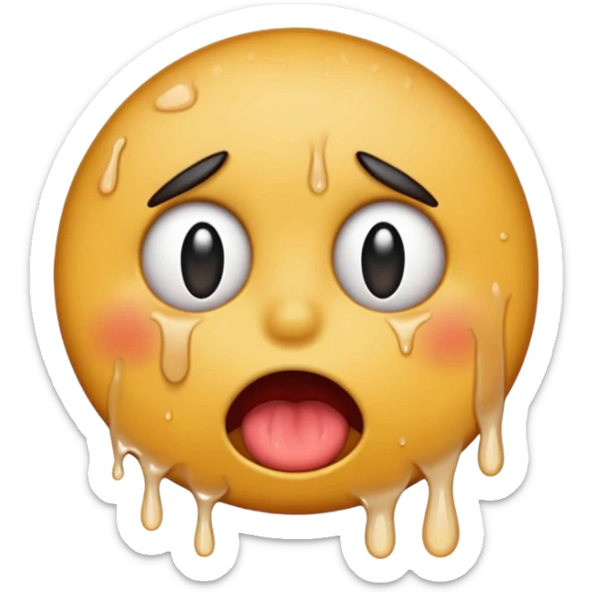 Generate a distressed and sweaty round emoji with white tears dripping off of its tongue sticker