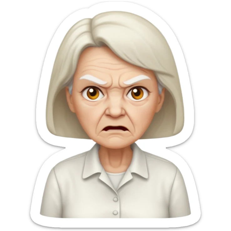 a portrait of angry elderly woman, wearing shirt sticker