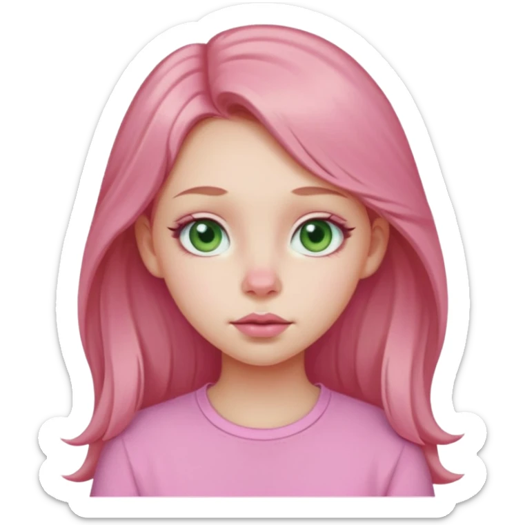 Pale girl, pink nose, cheeks, nose, chin, long light brown hair, Pink full lips, doe eyes, light green eyes wearing cute pink shirt sticker