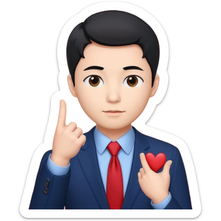 A man in very black short hair with all back hair style, wearing dark blue suit and red tie, making a Korean finger heart like photo sticker