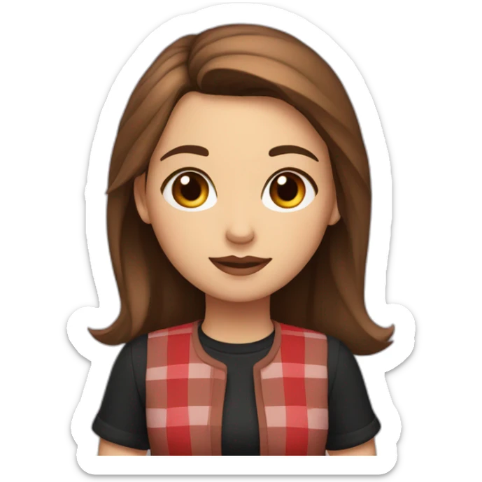 2d girl with brown hair and brown eyes a black shirt and a red checked skirt sitting sticker