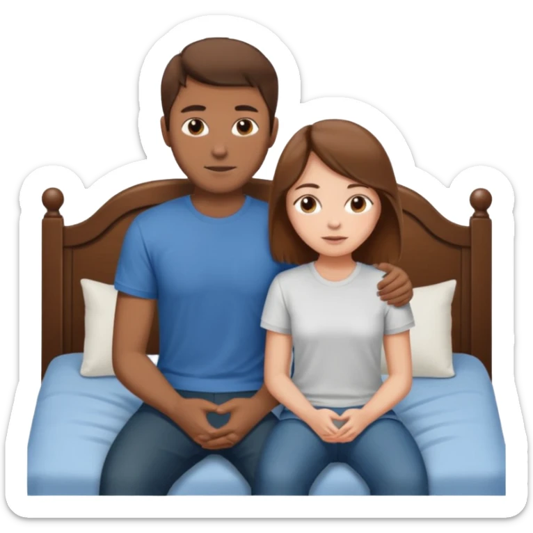 A brown-haired girl and a brown-haired man. They are both on a bed. The girl is sitting on the man.she is sitting on a man sticker
