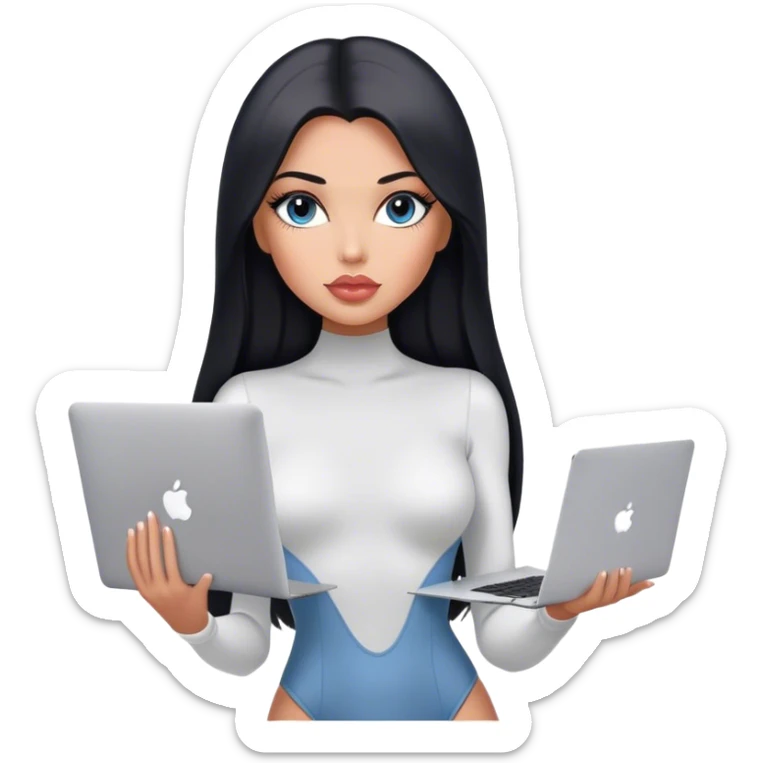 Glamours, tanned, very beautiful girl, with big pump peach-beige-rose lips, black straight smooth silky long hair, straight parting, blue-grey eyes, in white bodysuit holding MacBook sticker