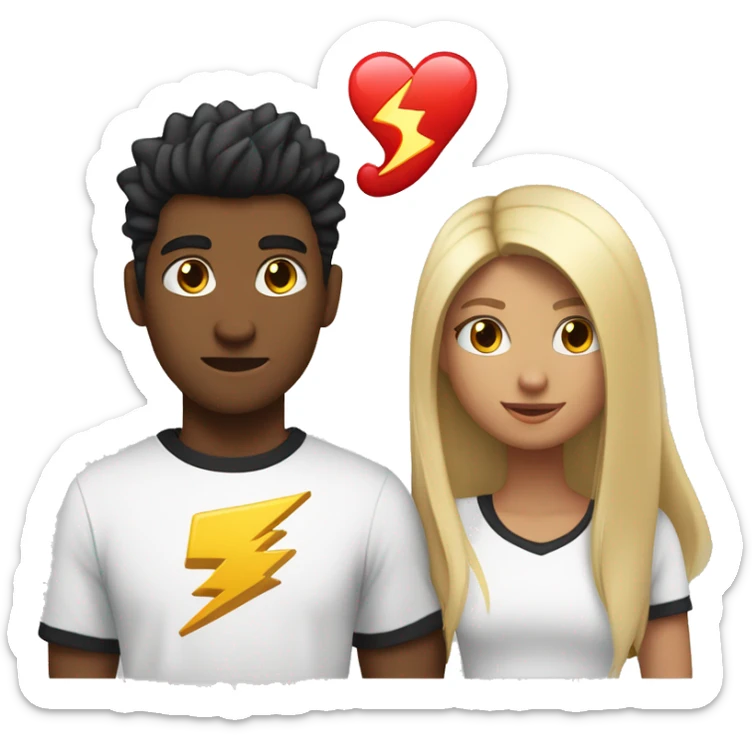 An emoji of a young girl with long blonde hair standing next to her boyfriend, who has black hair styled with the front spiked up. A heart symbol is between them, and the boy's T-shirt features a lightning bolt. sticker