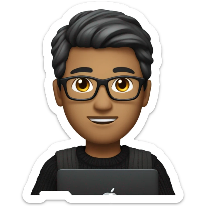 memoji of a Vietnam man with a laptop in front, apple-style, modern, back hair, black sweater, computer in hand, sites on a desk sticker