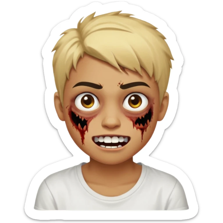 Teenager. Short buzz, messy blonde hair. Dark brown bushy eyebrows large expressive golden-brown eyes, brown skin color, scar over nose, wearing a plain white t-shirt. Crooked grin showing imperfect teeth, one side raised higher than the other, zombie-like smile . brown skin color.  sticker