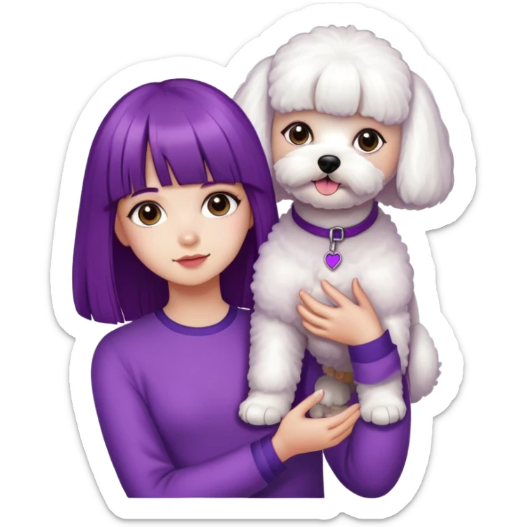 A girl with a straight fringe and purple long hair is holding a Bichon Frise. sticker