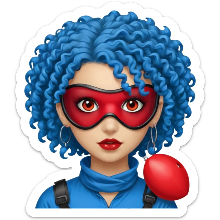 blue curly haired paintball playergirl with huge earrings, wearing red paintball eye mask, sticker