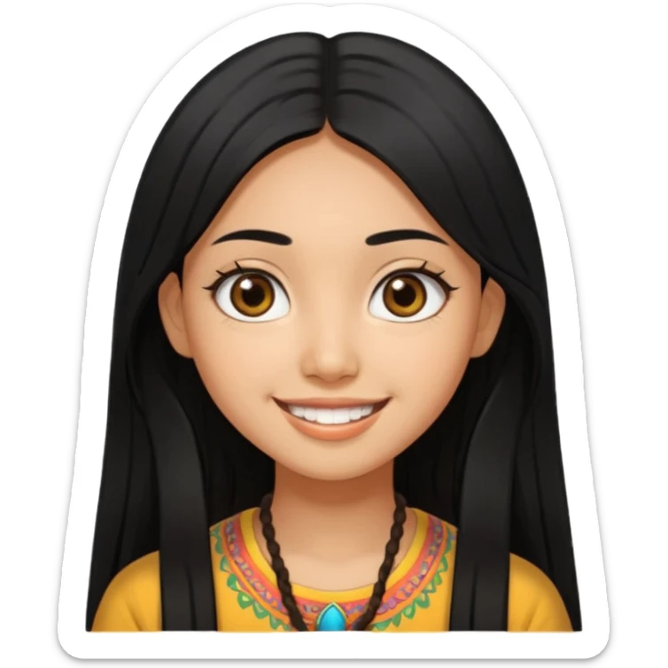 20 yr old asian woman hair  center part big eyes big smile tanned skin straight black hair hippie part hair  sticker