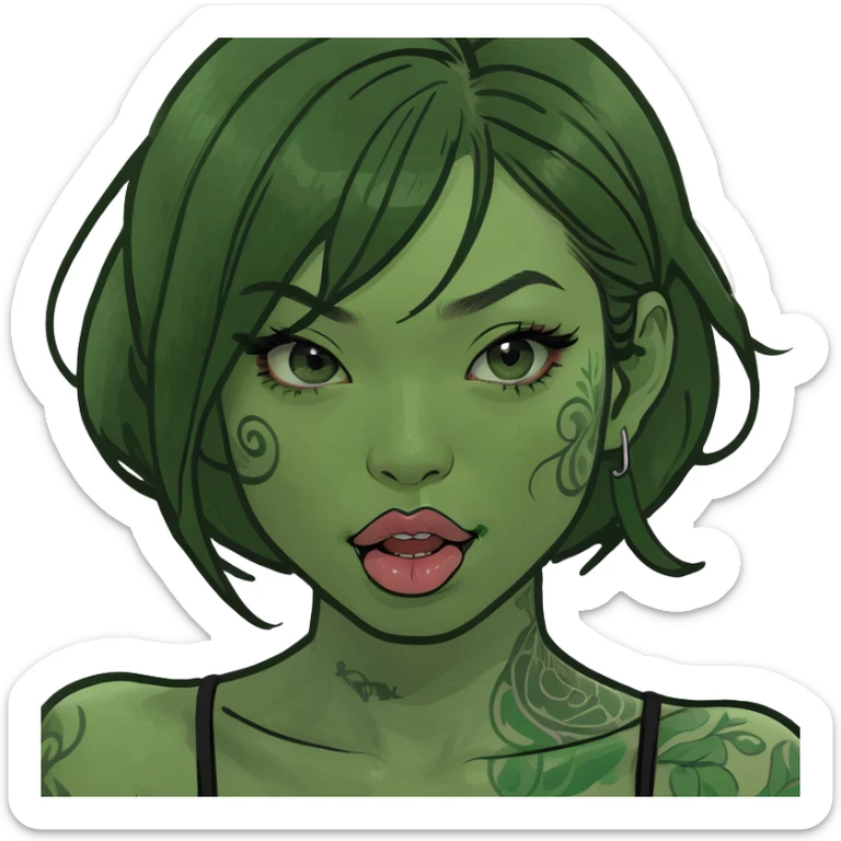 Beautiful Asian girl with tattoos on her body biting her lip sticker