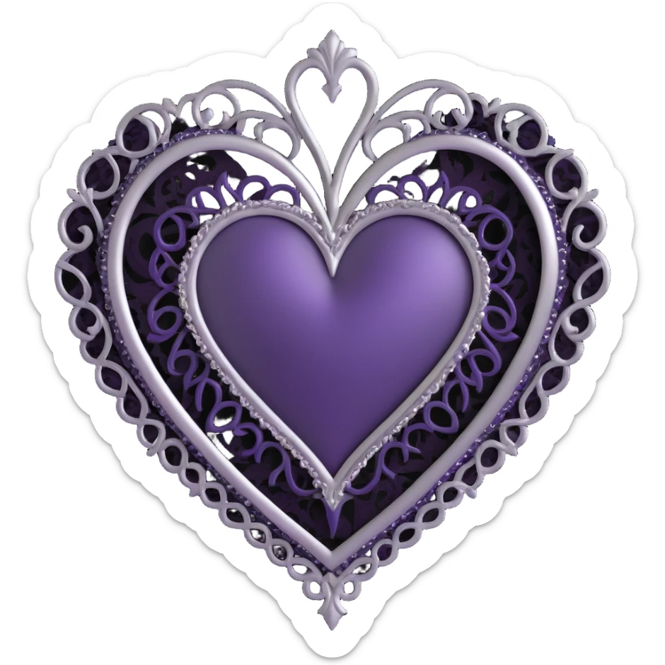 gothic heart, deep purple satin, ornate silver filigree, black lace trim, moody and elegant sticker