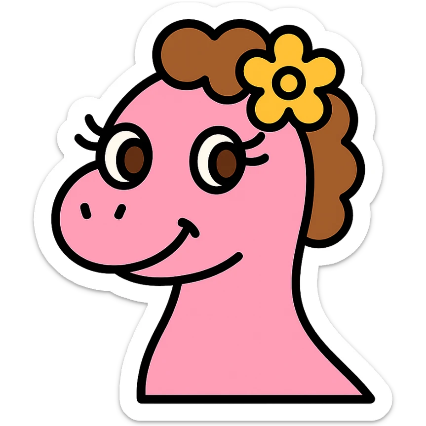 pastel pink dinosaur with brown curly hair, a Hawaiian flower in her hair, brown eyes, and long eyelashes, playful icon style sticker