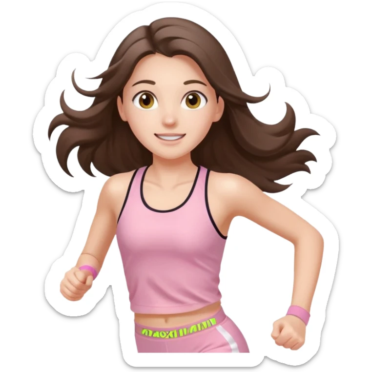 white happy brunette teen long hair with hazel eyes in light pink workout clothes jogging through finish line sticker