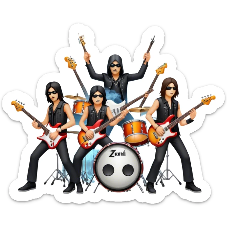 Icon for Metal Music: metal band on stage with 4 musicians playing electric guitars, bass, and drums. The atmosphere is intense, with flashing lights, smoke, and energetic stage presence. The vibe is powerful and electric. Transparent background. sticker