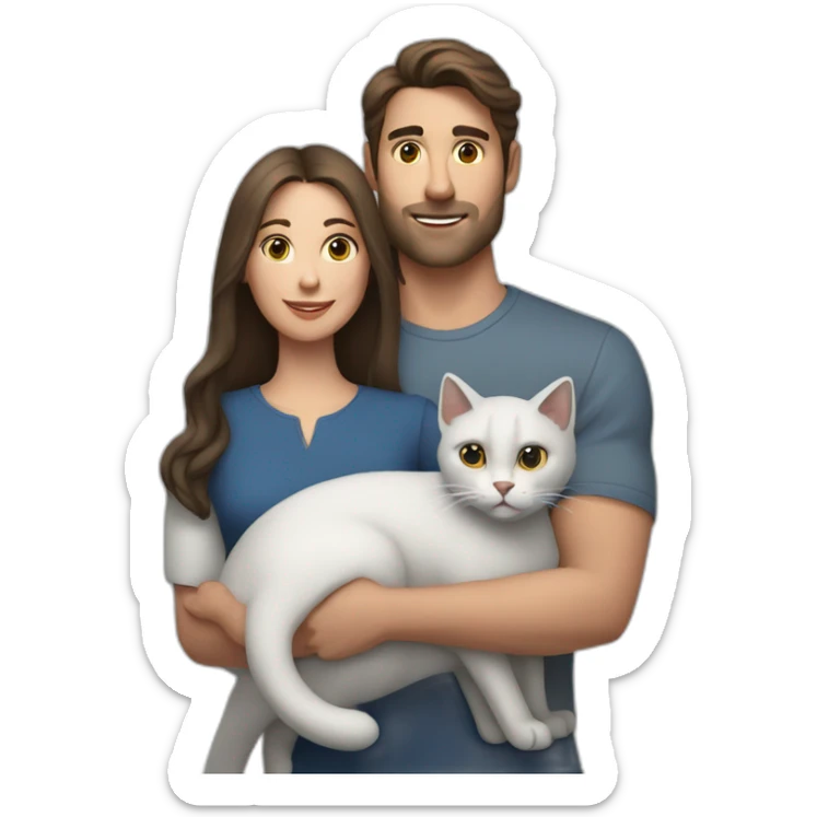 white brun man and brunette woman with a big gray cat in their arms sticker