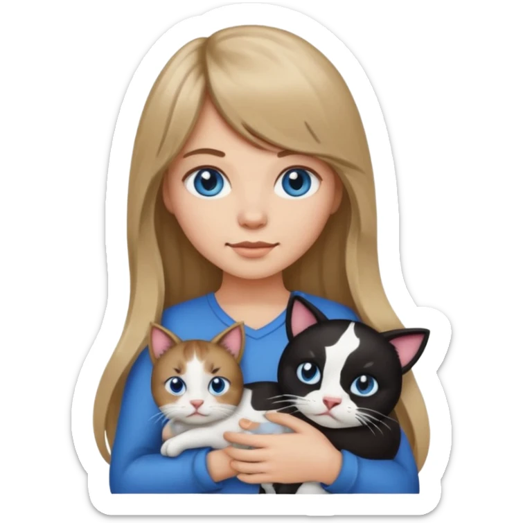 Apple-style emoji sticker of a young woman with long dark blond hair and bang, blue eyes , holding a cat black and white like a cow patch on her chest.  sticker