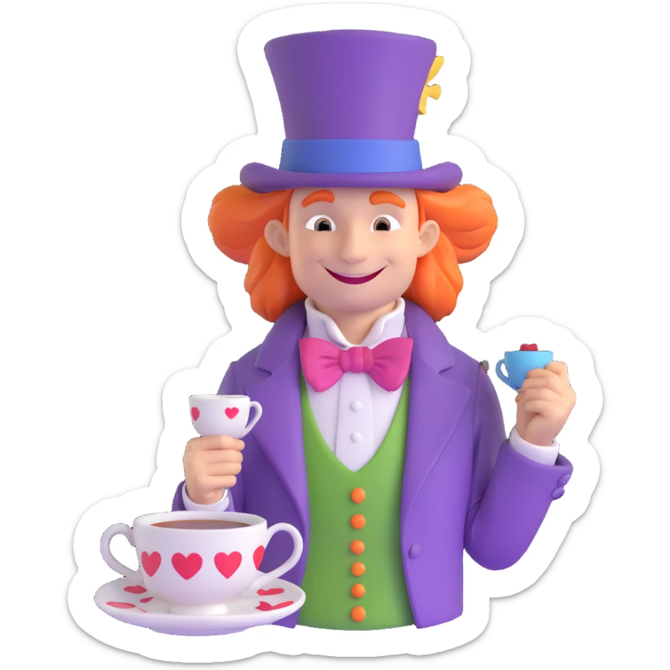 Mad Hatter from Alice in Wonderland, smiling face with a tall purple hat, mismatched clothes, and a teacup, fun and storybook-inspired design, stylized as an emoji sticker