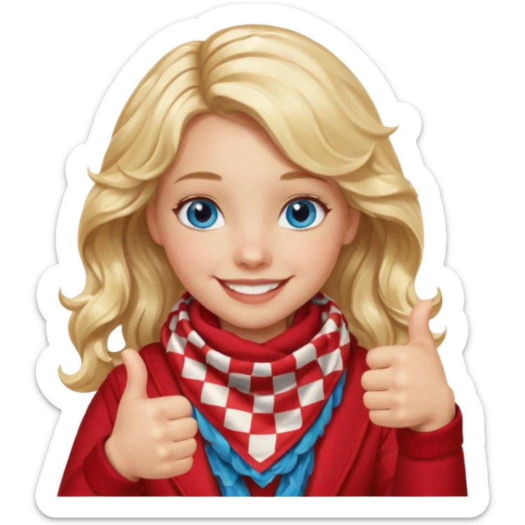 Blonde Girl, Blue Eyes, wavy hair, smiling, thumbs up, wearing red Checkered Triangle scarf sticker