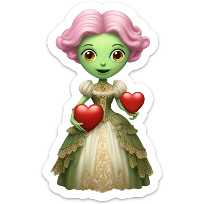 a green alien woman in Victorian dress white gold, pink hair,holdig, red big hearth, full body sticker