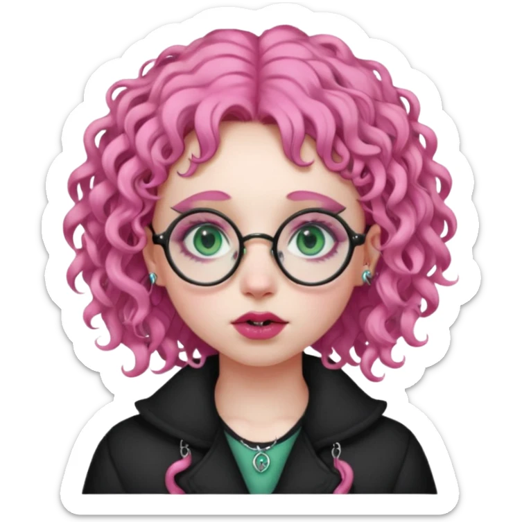 . Gothic girl with pink curly hair, round glasses, septum piercing, nostril piercing, almond eyes, blueish green eyes, sticker