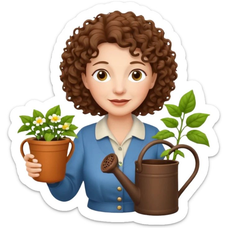Older female florist – curly hair, hold garden watering pot sticker