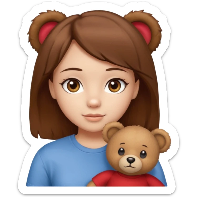 A Girl with Brown hair and Brown eyes with a t-shirt of a Teddy bear sticker