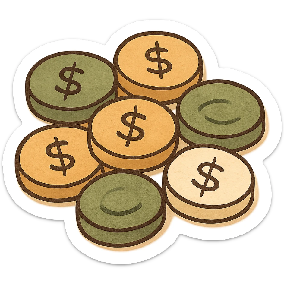 pile of coins not stacked, modern look, green gold and white color scheme, rounded shapes, simple design sticker