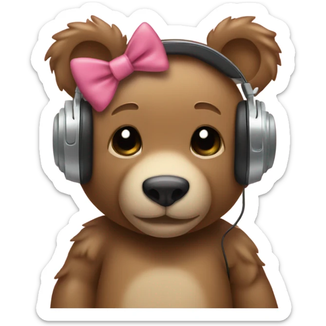 a cute teddy bear with headphones on an dthe headphones have little bows hanging on each side of th eheadphop sticker
