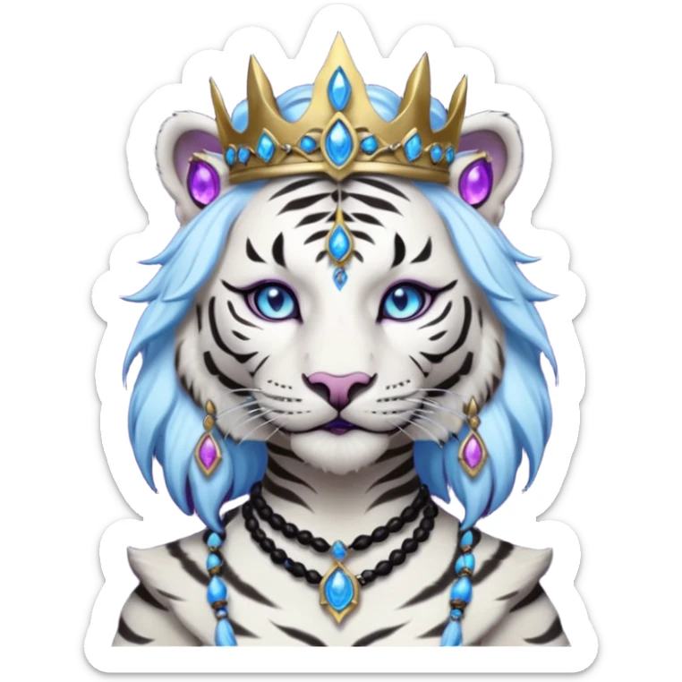 ESO Female white/black tiger khajiit leader of the umbral rose, glowing blue eyes, glowing blue 'third eye' gem, black beaded dreadlocks; silver crown/tiara with purple gems sticker