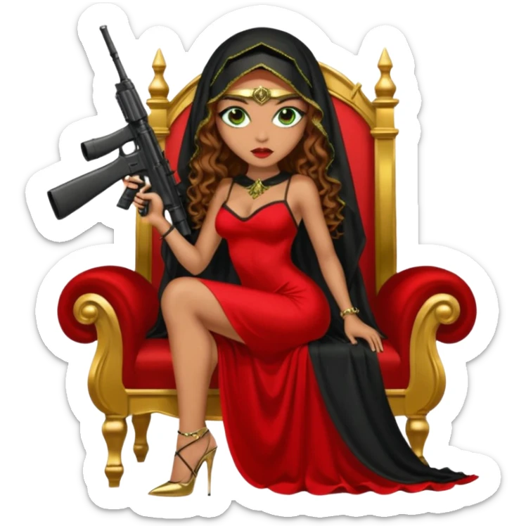 Drug dealer female green eyes symbol.  hair is brown curly long hair. sexy long with long red and black dress and face veil on that covers her mouth only. black stiletto platform high heels shoes on. Holding sniper rifle sitting on a gold throne. sticker