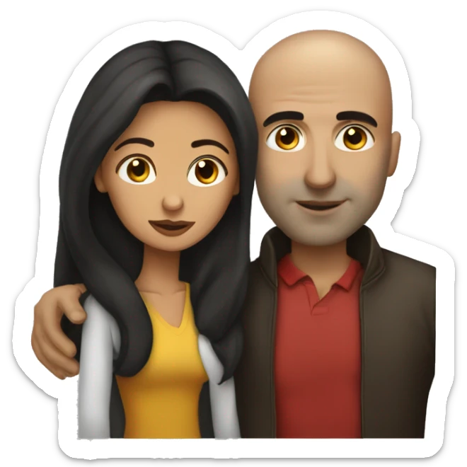 short venezuelan woman with long dark hair kissing tall bald american man sticker